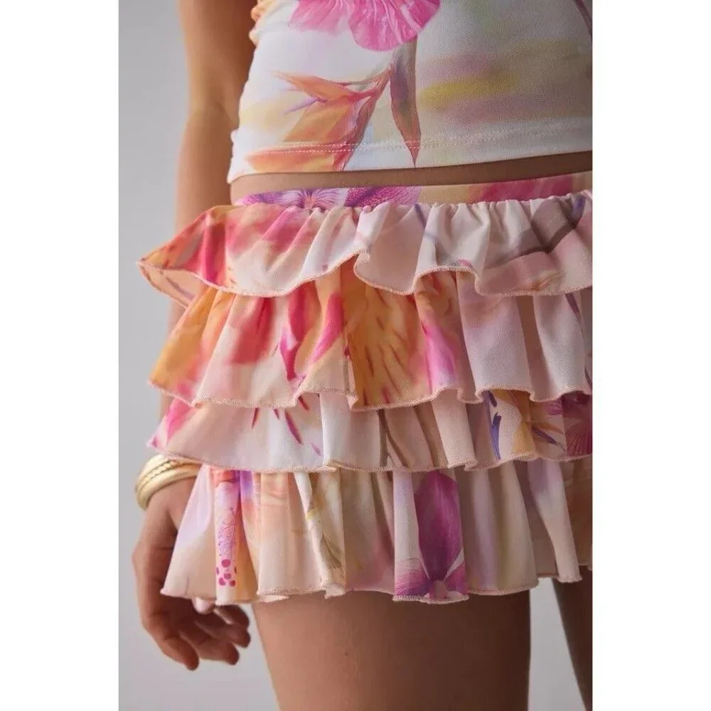 Out From Under Skirt Womens L Pink Floral Ruffle Tiered Mini Urban Outfitters